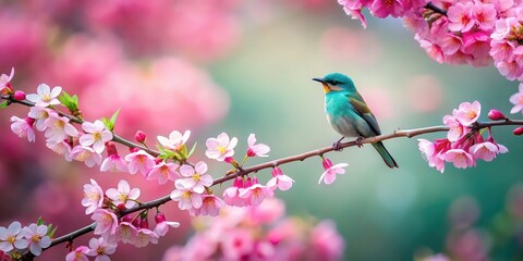 Fototapeta premium Teal bird perched on delicate cherry blossoms in a peaceful spring setting , harmony, nature, teal, bird, cherry blossoms, spring