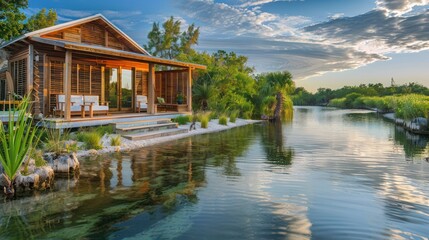 Obraz premium riverside cabin with natural wood Bahama shutters, harmonizing with the watery landscape