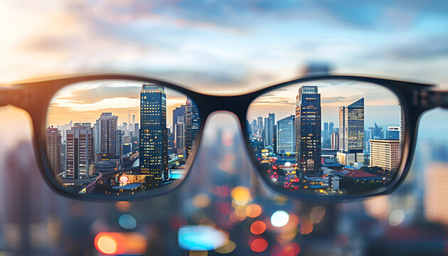 Vision correction. Cityscape becoming clearer when looking through glasses