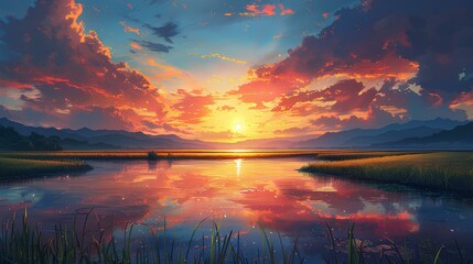 sunset view in the corner of the rice fields