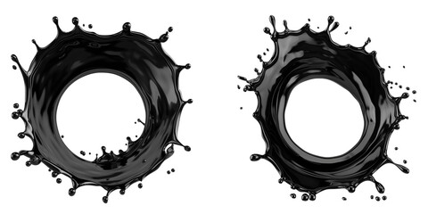 Black color dropping in round shape, isolate on transparent background