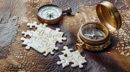 A white jigsaw puzzle and a small antique compass on a background styled as a worn leather surface, accompanied by an empty old inkwell stand.