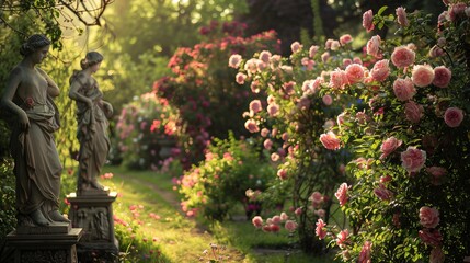 Fototapeta premium A beautiful spring landscape with pink flowers blooming in a garden and red roses in a park