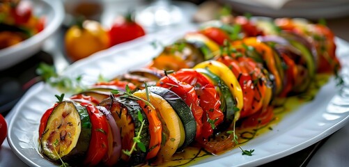 Fototapeta premium Elegant ratatouille with colorful vegetables, artistic plating in a fine dining setting.