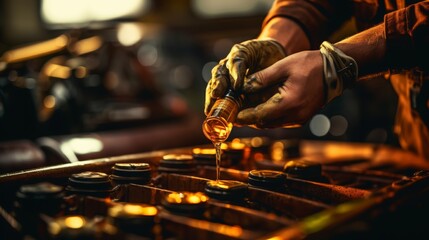 Professional mechanic performing essential oil change during routine car maintenance
