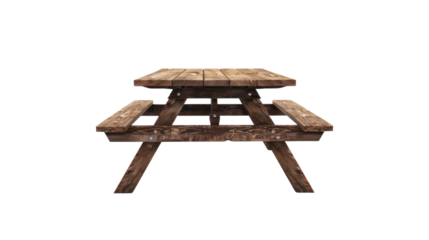 Wooden picnic table with benches on transparent background