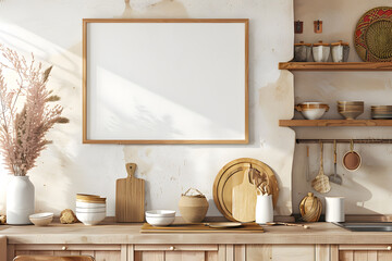 Bright boho kitchen with a blank wooden frame, table, cozy color utensils, and natural decor elements like dried pampas grass.