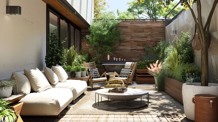 Fototapeta premium Spacious living room with comfy furniture and a wooden table invites relaxation