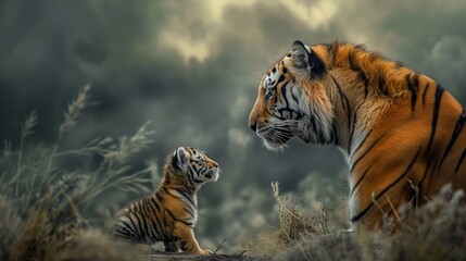 Obraz premium A majestic tiger and its cub face each other in a misty, wild landscape, creating a poignant mother-child moment in nature.