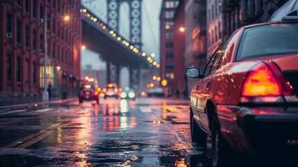 A rainy evening in a city with glowing streetlights, cars, and a bridge in the background, captured in an atmospheric urban setting.