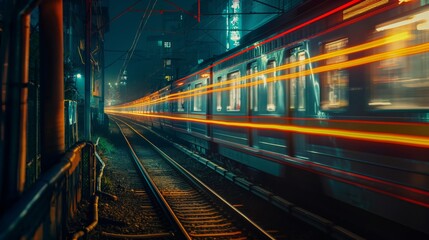 Obraz premium Dynamic night shot of a moving urban train with vibrant light trails, creating a sense of speed and motion, against a city backdrop.
