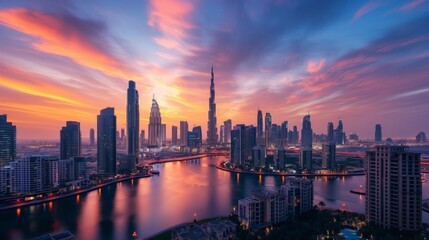 Fototapeta premium Stunning cityscape of Dubai at sunset with colorful skies and reflections on the water, showcasing modern skyscrapers and vibrant urban life.