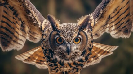 Obraz premium Stunning close-up of a majestic owl in flight with wings spread wide, showcasing intricate feather patterns and intense eye gaze.
