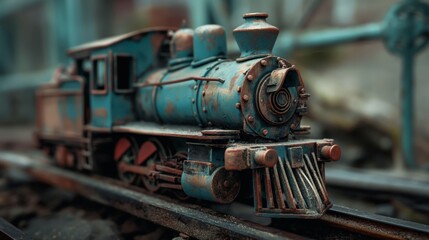 Naklejka premium Vintage miniature steam locomotive with aged patina on rustic railway tracks, offering a nostalgic charm and historical detail.