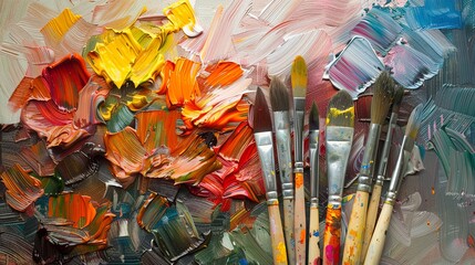 Obraz premium Colorful Artist's Studio with Paint Brushes and Vibrant Palette. Creative Workspace Showcasing Artistic Tools and Paintings. Inspiring Environment for Art Creation and Expression.