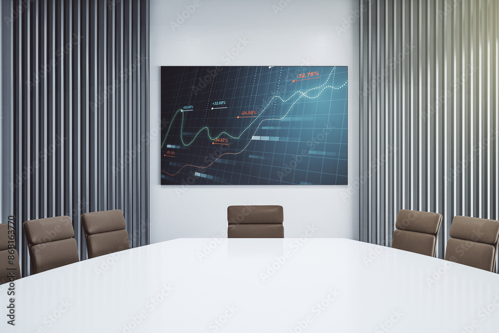Fototapete abstract statistics data hologram interface on presentation monitor in a modern boardroom, computing