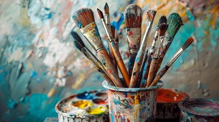 Fototapeta premium Colorful Artist's Studio with Paint Brushes and Vibrant Palette. Creative Workspace Showcasing Artistic Tools and Paintings. Inspiring Environment for Art Creation and Expression.