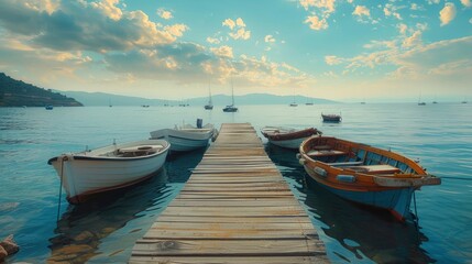 Fototapeta premium Background design concept featuring a tranquil harbor under a clear blue sky, symbolizing international shipping and maritime business in America.