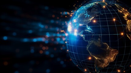 Naklejka premium Abstract digital world map, concept of global network and connectivity on Earth, data transfer and cyber technology, information exchange and international telecommunication