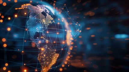 Abstract digital world map, concept of global network and connectivity on Earth, data transfer and cyber technology, information exchange and international telecommunication