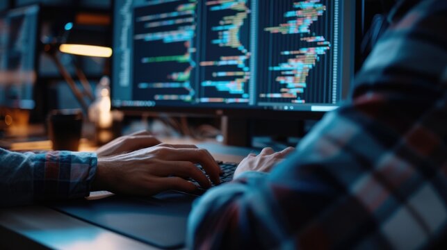 Close-up of a programmer's hands typing on a backlit keyboard, with lines of code displayed across multiple computer screens. AIG41