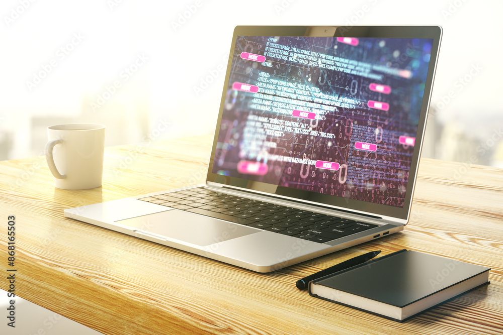 Aufkleber Modern computer display with abstract programming language hologram, artificial intelligence and machine learning concept. 3D Rendering