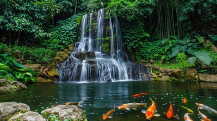 A tranquil waterfall in a bamboo forest, with a small pond and koi fish swimming below