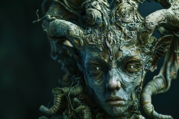 a creature with an intricate tree-like head and face expressing a stern expression in green hues