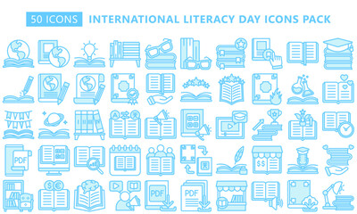 Obraz premium International Literacy Day dual tone blue color icons pack. contain book literacy, library, ebook, dictionary, education theme and more. Use for modern concept, web and app development. Vector EPS 10.