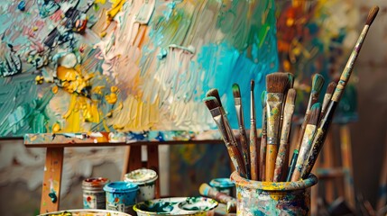 Fototapeta premium Colorful Artist's Studio with Paint Brushes and Vibrant Palette. Creative Workspace Showcasing Artistic Tools and Paintings. Inspiring Environment for Art Creation and Expression.