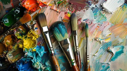 Fototapeta premium Colorful Artist's Studio with Paint Brushes and Vibrant Palette. Creative Workspace Showcasing Artistic Tools and Paintings. Inspiring Environment for Art Creation and Expression.