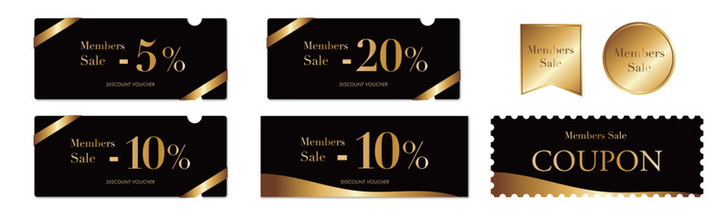 メンバーセールに使える黒と金の高級感のあるクーポンベクターアイコンセット2