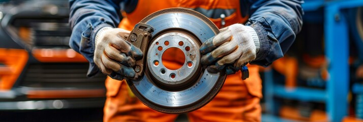 Automobile maintenance  mechanic replacing brake system in a professional workshop