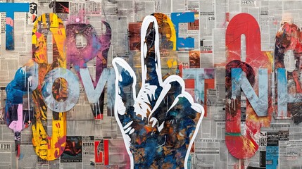 Hand sign of victory for peace and love, symbolic graffiti, positive message with collage of multicolored grunge newspapers, urban graphic artwork, street art, mixed media