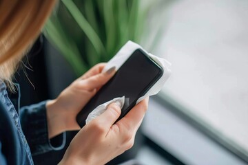 cropped shot of a young woman cleaning the surface of smartphone with antibacterial tissue at home