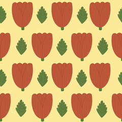 Geometric red tulips and leaves contrast seamless pattern. Hand drawn simple flower heads isolated on yellow background. Floral endless background