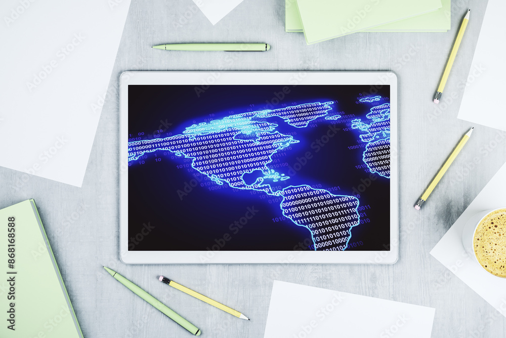 Poster digital america map on modern digital tablet screen, international trading concept. top view. 3d ren