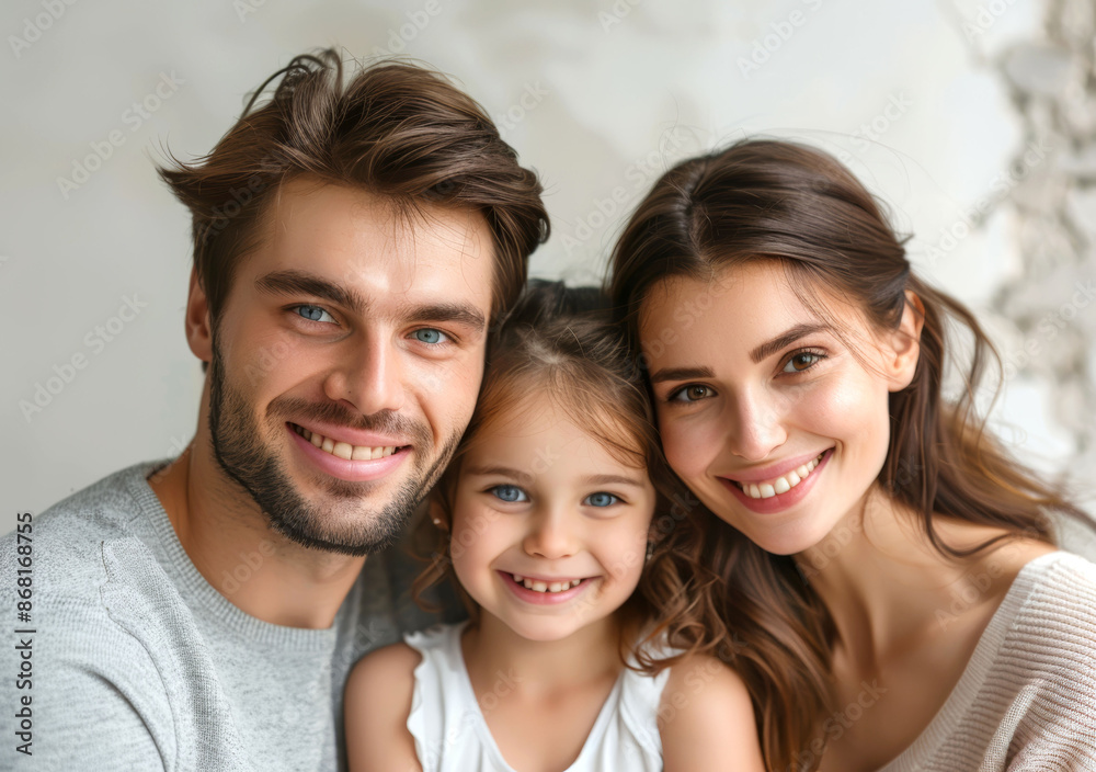 Wall mural Happy family of three, with parents and young daughter, smiling warmly indoors, showcasing close bonding