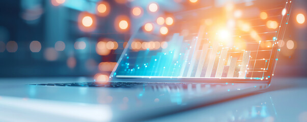 Digital graph displaying on a laptop screen, representing data analytics and technological progress with bright bokeh lights in the background.