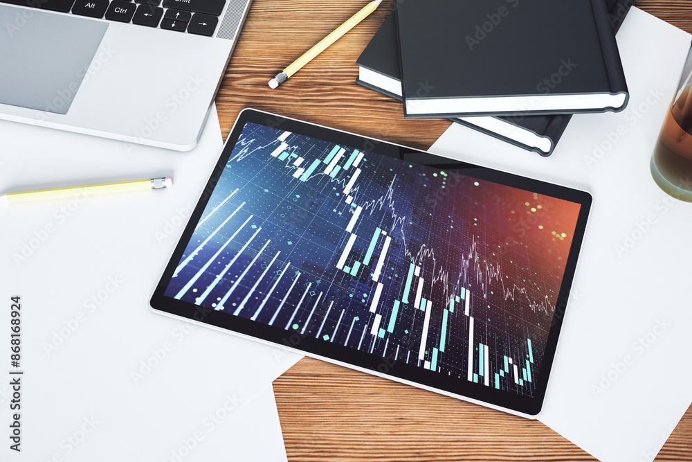 Poster Modern digital tablet monitor with abstract creative financial chart, research and strategy concept. Top view. 3D Rendering