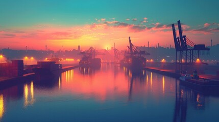 Background illustration of a bustling harbor, with ships and cranes against a vivid seascape, perfect for a maritime-themed event banner.