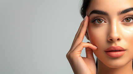 Close-up of a beautiful woman's face Raise your hand with your index finger. gray background