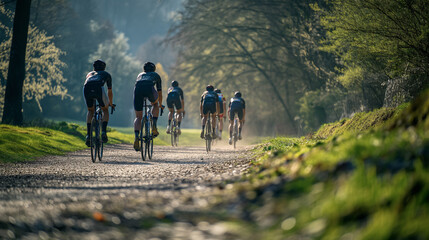 A group of athletes ride bicycles on a rough dirt path. view from behind