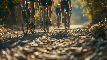 Group of athletes cycling on rough dirt path. Low angle view.