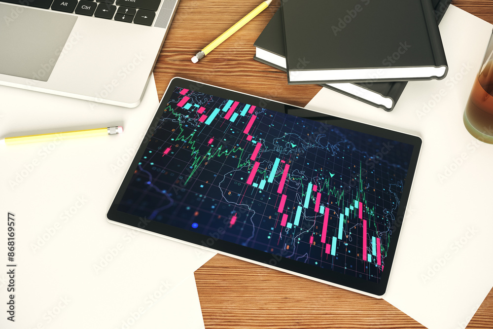 Poster Top view of modern digital tablet monitor with creative abstract global crisis chart and world map hologram. Financial crisis and recession concept. 3D Rendering