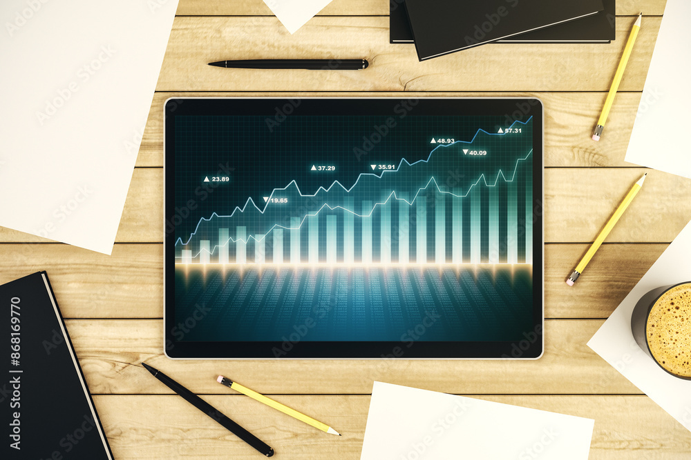 Aufkleber top view of abstract creative financial diagram on modern digital tablet display, banking and accoun