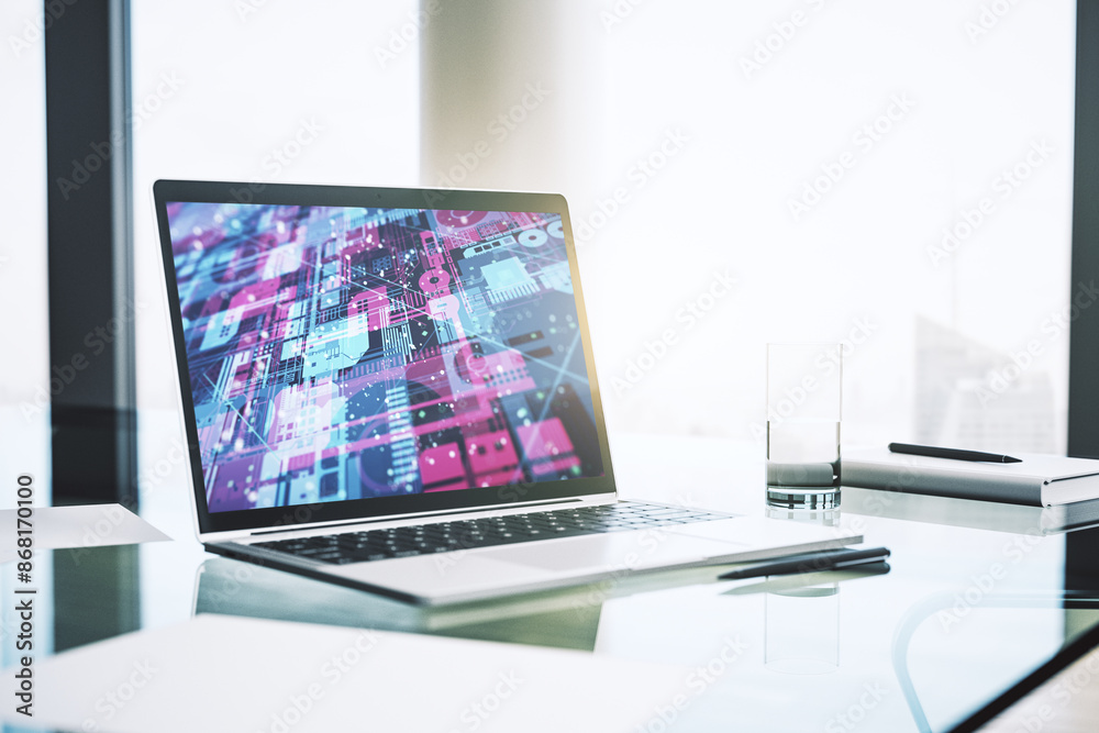 Aufkleber Modern computer monitor with abstract programming language, research and development concept. 3D Rendering