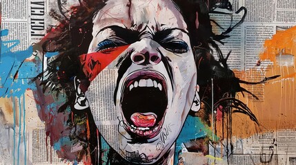 Graffiti, collage of grunge newspapers and painting, illustration of an iconic woman, screaming with a fighting spirit, feminist revolution for equality