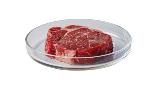 Artificial lab grown meat in petri dish on transparent background