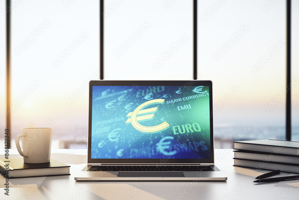 Poster creative euro symbols sketch on modern laptop monitor, strategy and forecast concept. 3d rendering